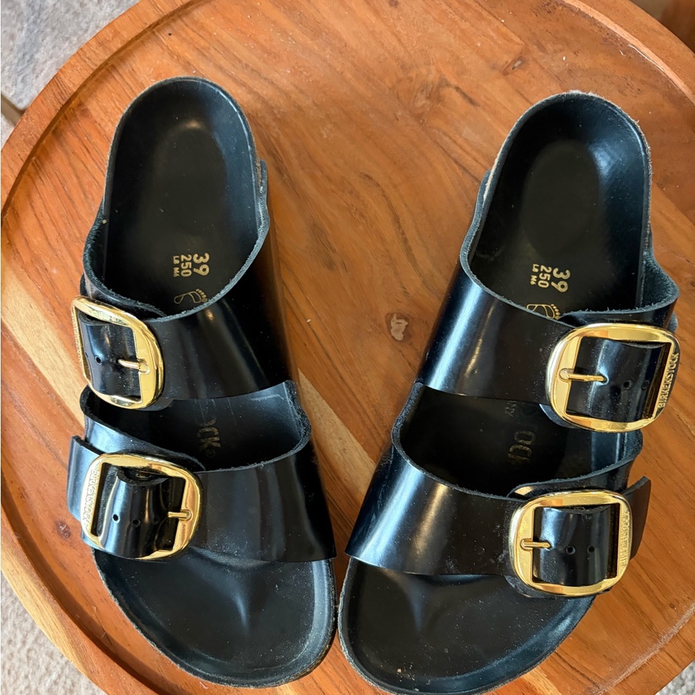 Birkenstock Black Sandals with Gold Buckles